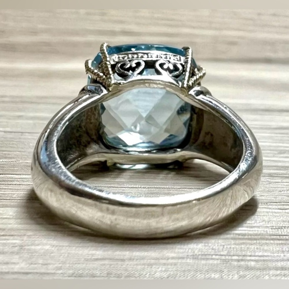Vintage Designer Signed V Sterling Silver & 14K Yellow Gold 16mm Blue Topaz Ring - Picture 4 of 11